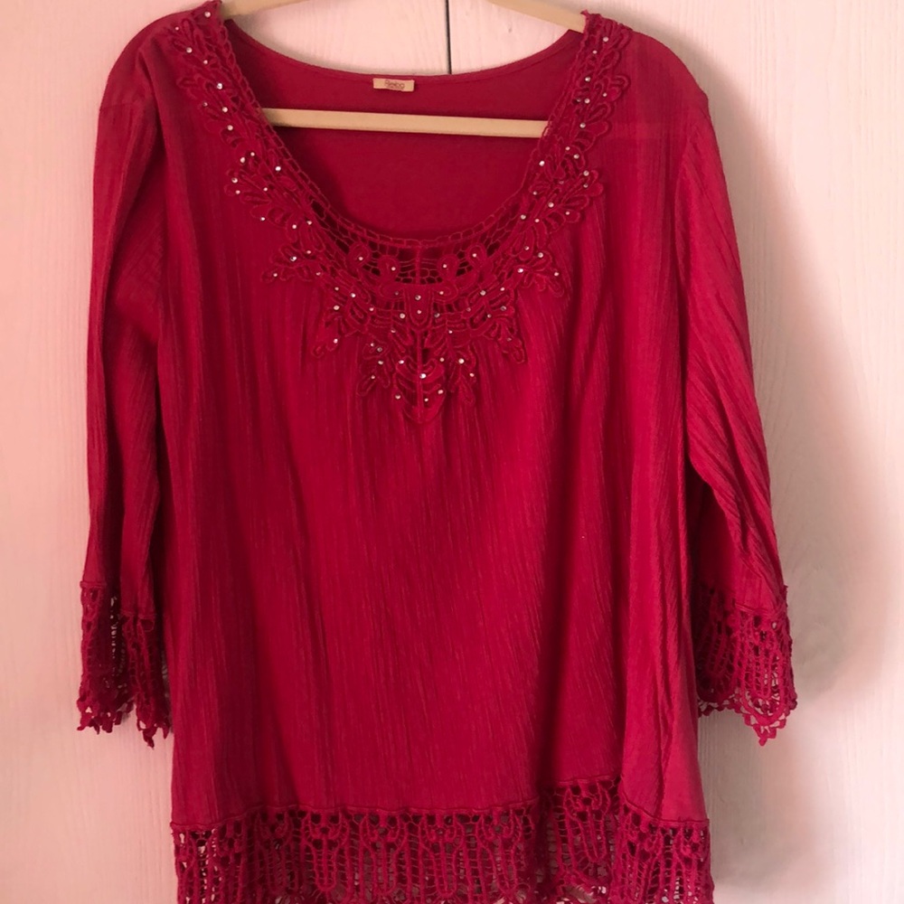 Reba woman pink Elegant eyelet sequins Lace Trim blouse Top